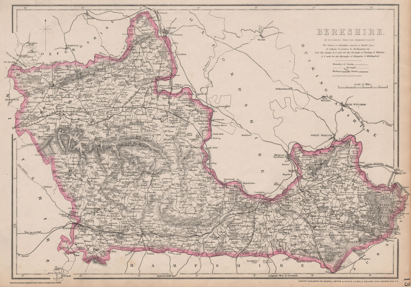 BERKSHIRE. Antique county map. Railways canals. BR DAVIES 1863 old